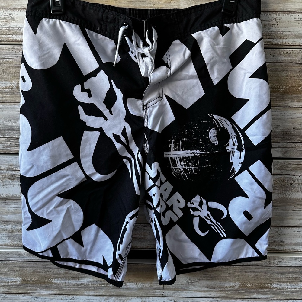 🌌⭐ Star Wars Swim Trunks XL Black White Death Star Board Shorts